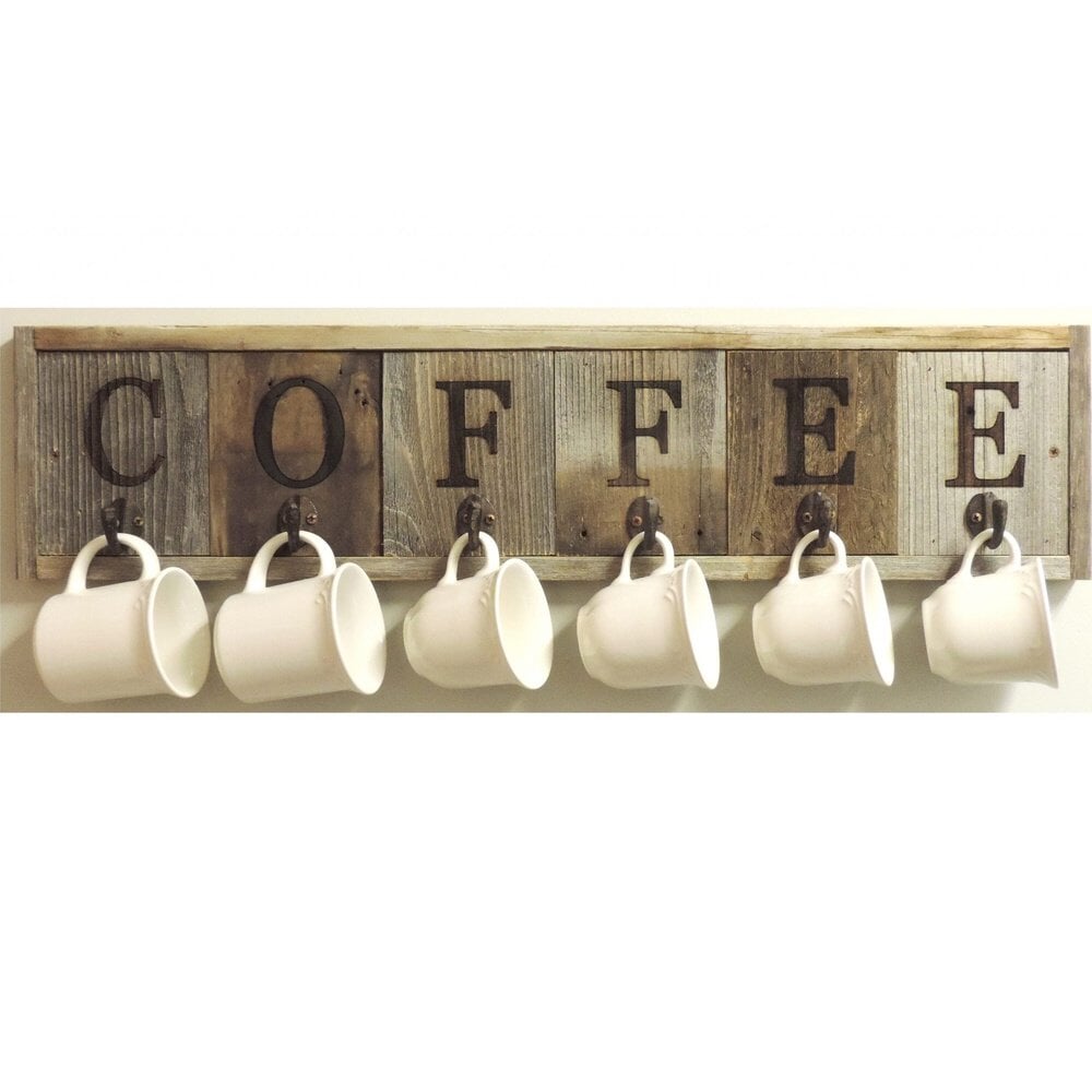 Reclaimed Barnwood Coffee Mug Rack - Horizontal (spells out "coffee")