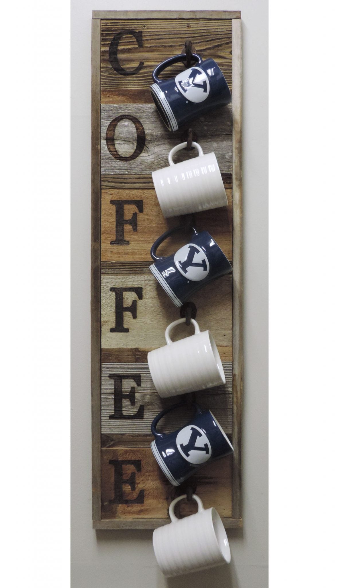 Reclaimed Barnwood Coffee Mug Rack - Vertical (spells out coffee)